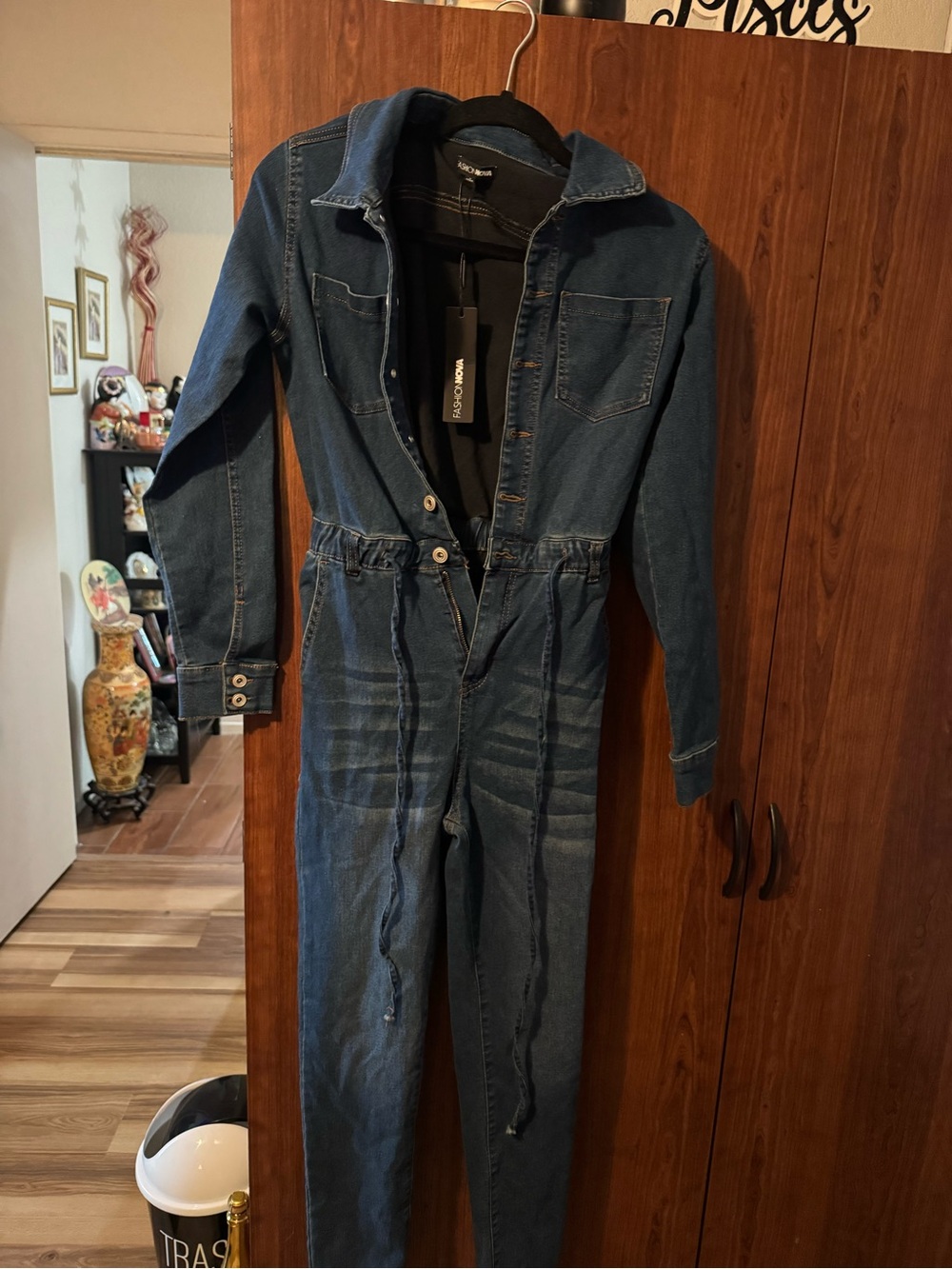 Fashion Nova Dark Blue Denim Jumpsuit with Drawstring Waist